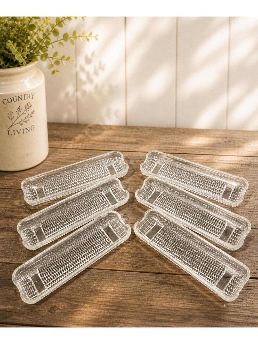 Vintage 1960s Set Of 6 Clear Pressed Glass Corn On The Cob Trays, 8.5x3”